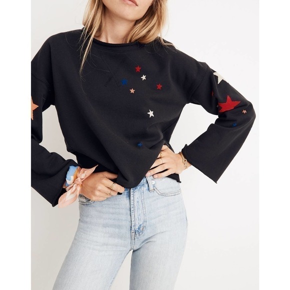 Madewell Starry Night Sweatshirt Soft Black Patchwork Crew Neck Size Small - Picture 1 of 10